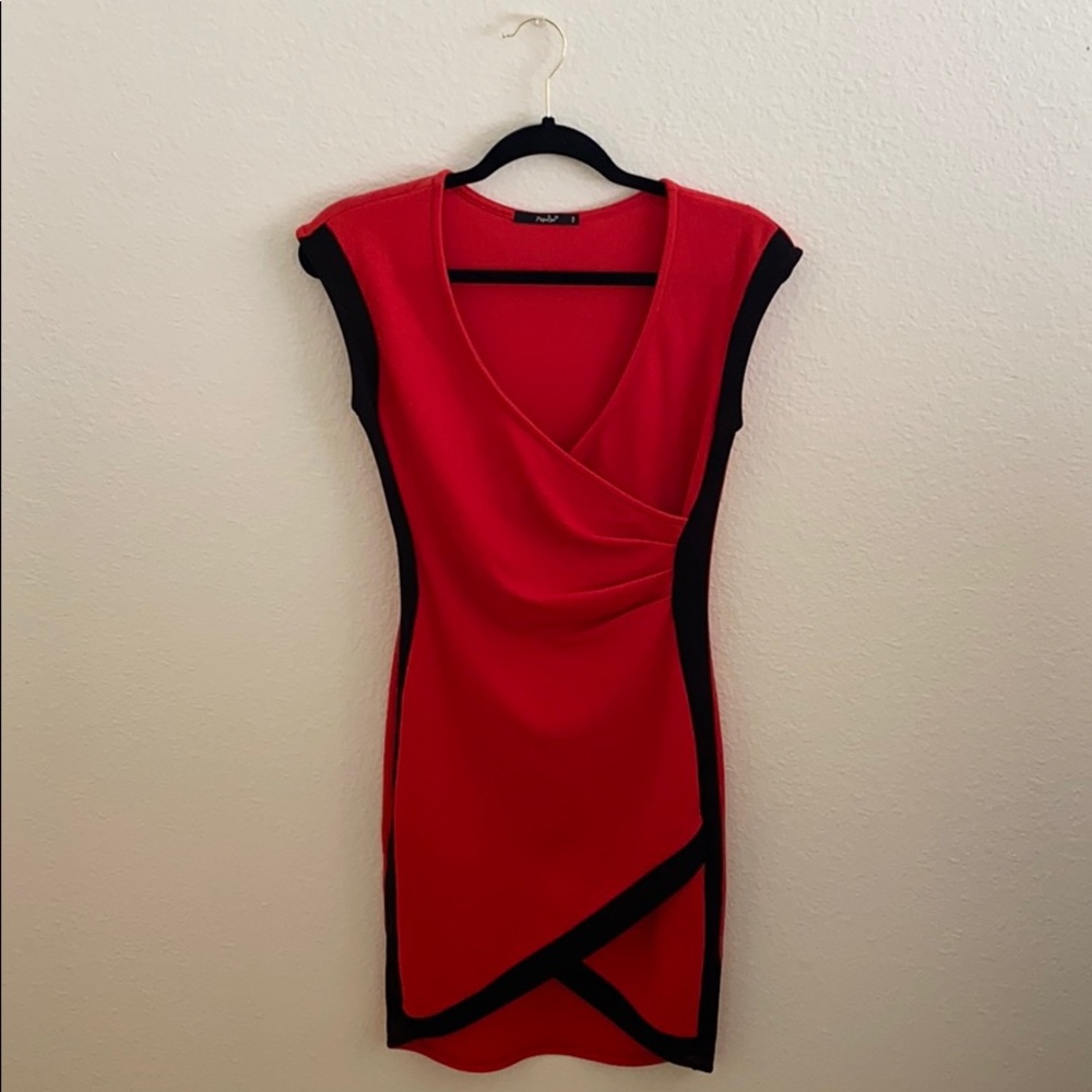 Red with Black Trim Side Cinch Dress - Small